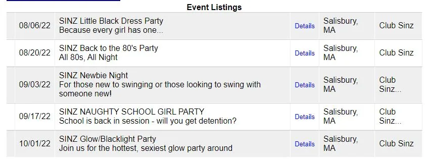 Club Sinz Review Event listing