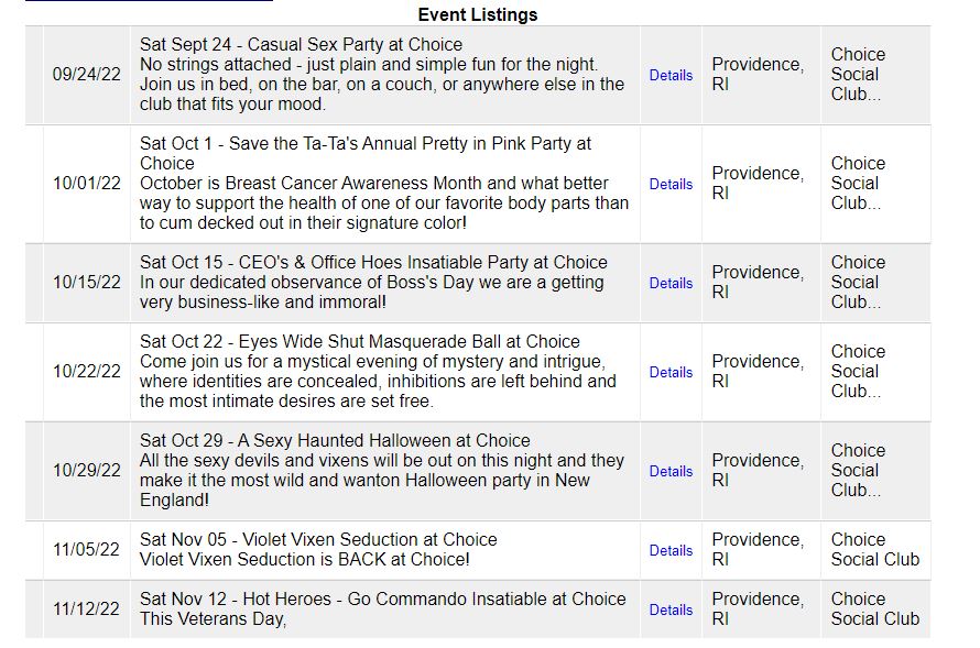 Rhode Island swinger club Choice Social Club event list