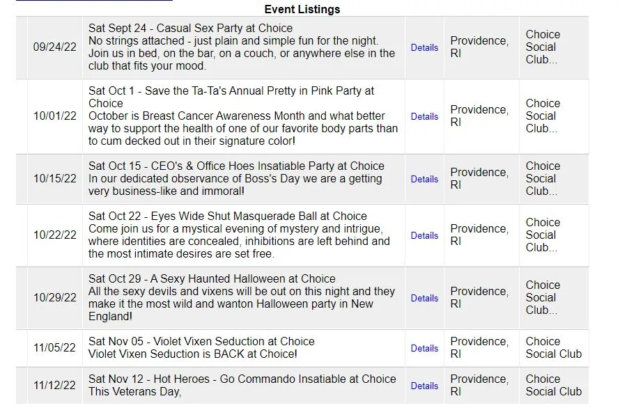 Rhode Island swinger club Choice Social Club event list