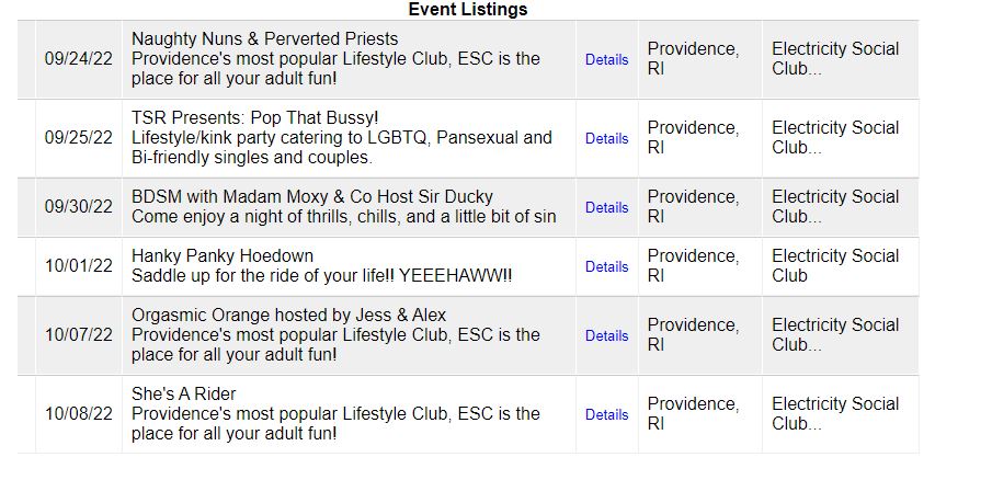 Rhode Island swinger club ESC event list