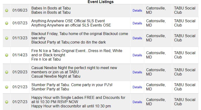 Tabu social club event listing